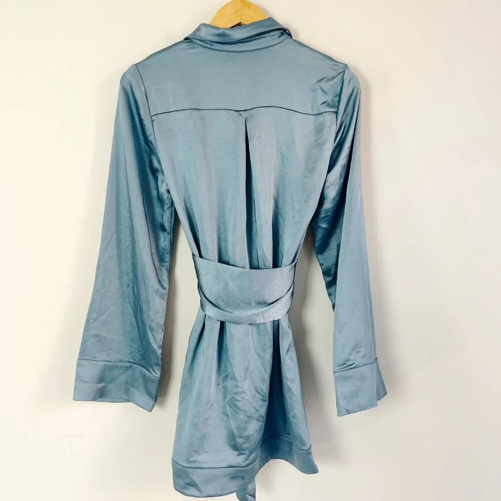 Camila Coelho Satin Shirt Dress in Dusty Blue